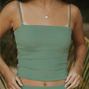 Geode Swimwear Green Crepe Ribbed Tankini Swim Top Size Large Swimsuit Top